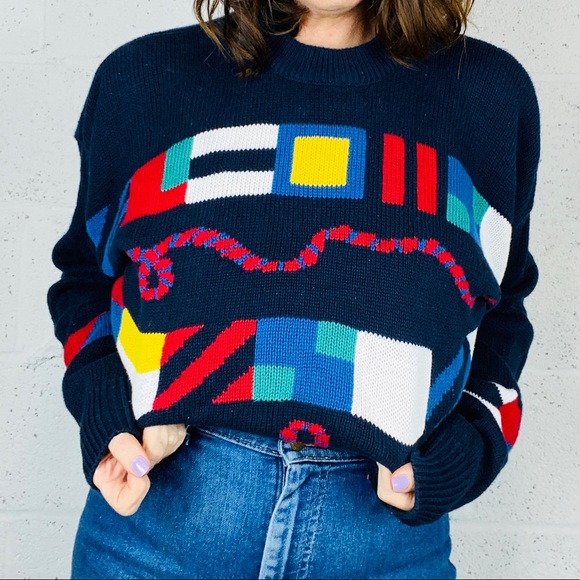Vintage Sweaters - Nautical flag cotton vintage sweater so cozy